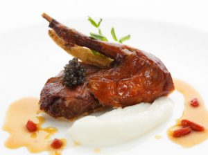 Crispy-Fried Boneless Pigeon filled with Shrimp Paste and topped with Black Caviar