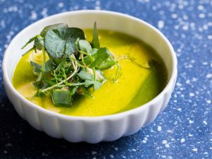 Steamed Egg, Ginger, Scallion, Apple Vinegar, Okra